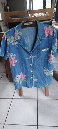 Koszula dżinsowa z krótkim rękawem w kwiaty,kolorowe guziki M/L