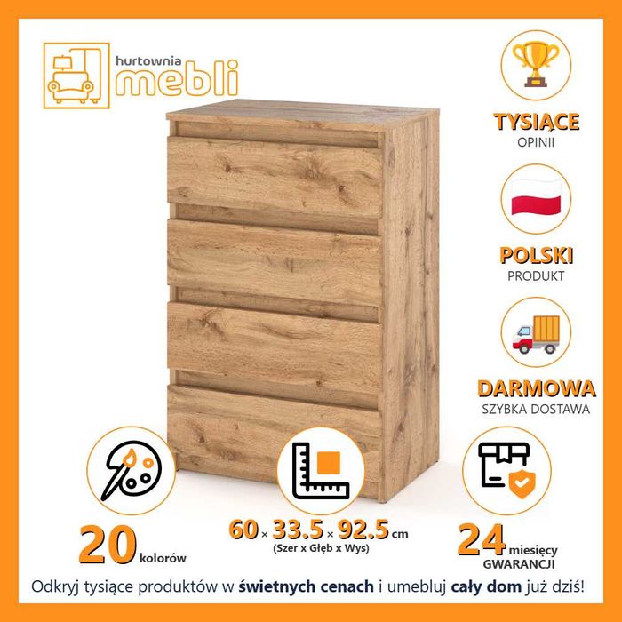 Komoda Mała Nowoczesna Hugo 60cm Szafka Salon Sypialnia 4 Szuflady