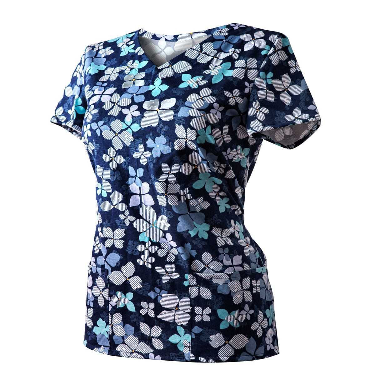 Bluza Medyczna Granatowa Koszulka Bawełniana Kwiaty niebieskie  36 XS