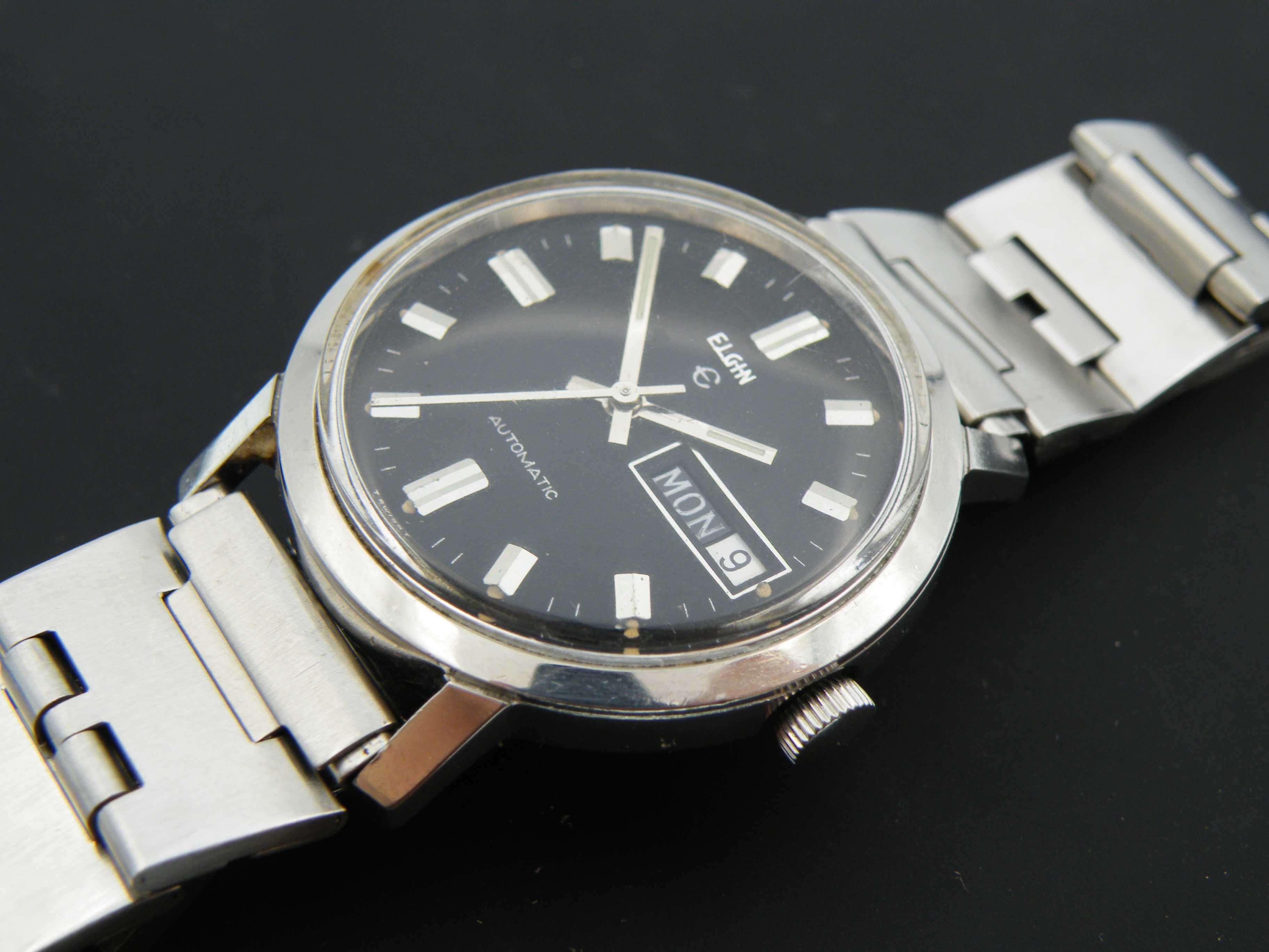 Elgin Automatic Vintage z Czarną Tarczą w Stalowej Kopercie