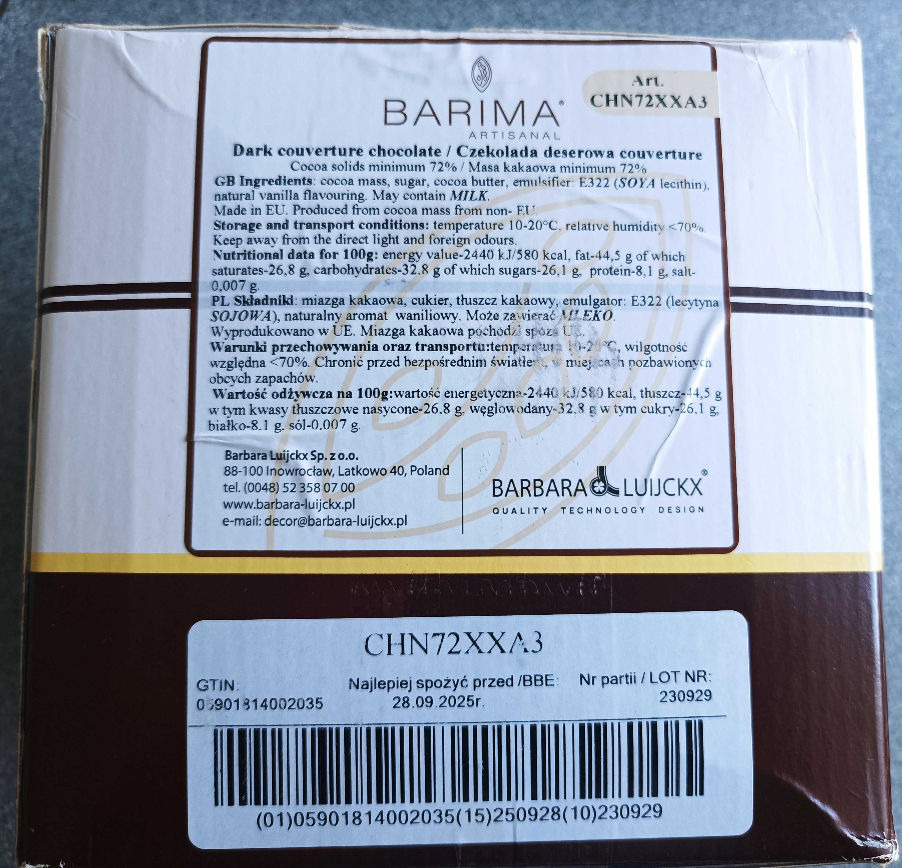 3 kg CZEKOLADA DESEROWA 72% CHN72XX3 BARIMA w postaci pastylek