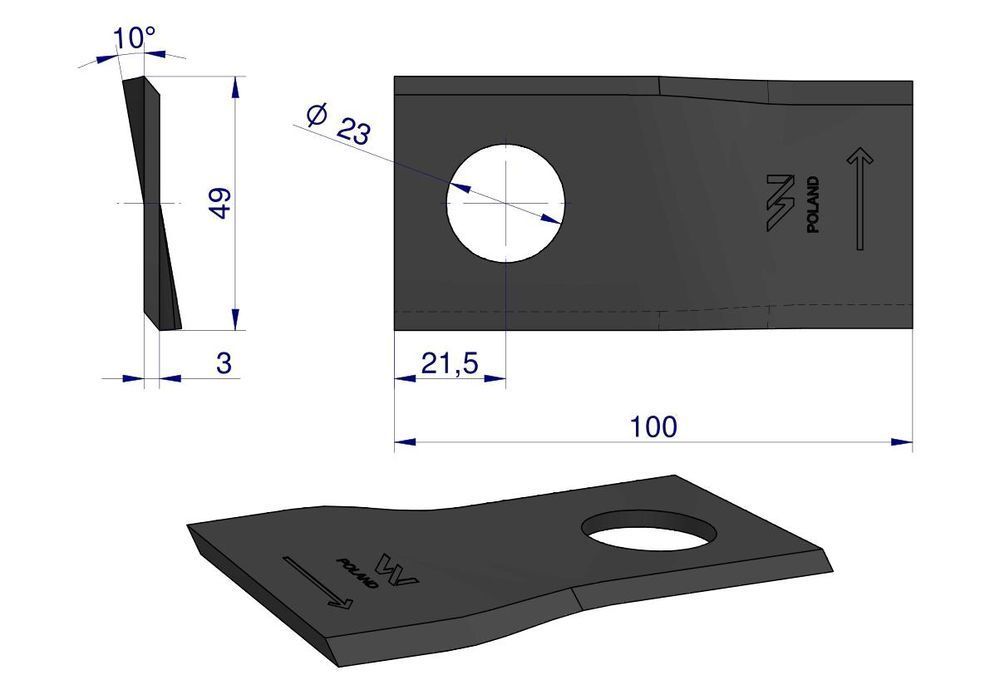 Nożyk kosiarka lewy 100x48x3mm otwór 23  T683L Mortl WARYŃSKI 25st