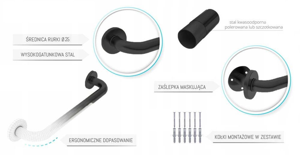 Uchwyt łazienkowy prosty poręcz pod prysznic do wanny czarny 50cm