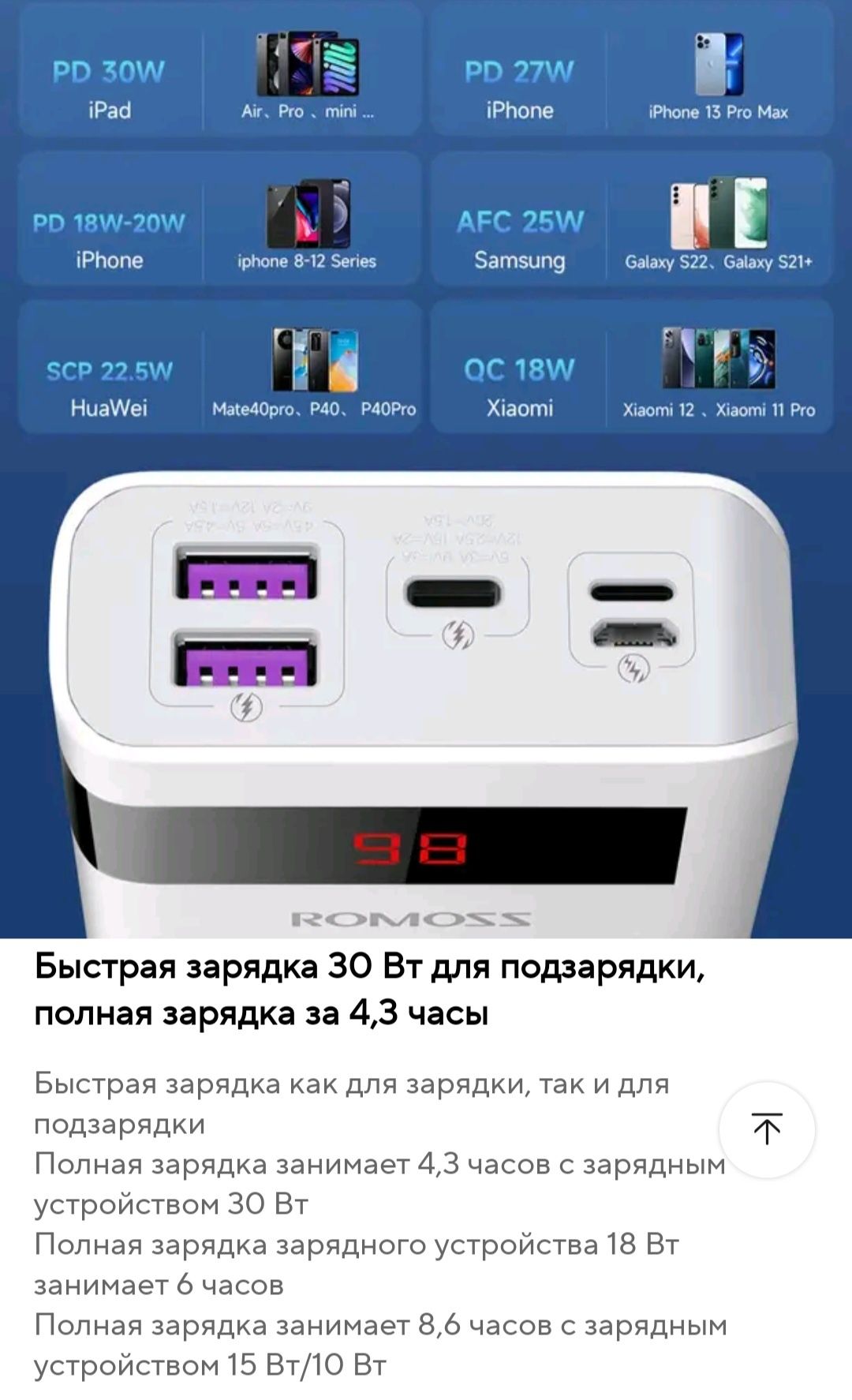 Повербанк Powerbank ROMOSS  30W  20000mAh