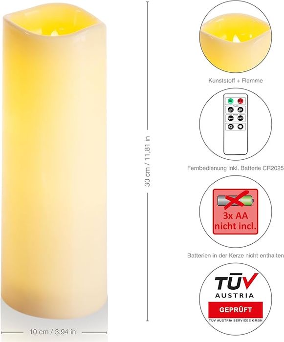 Świeca LED  z pilotem, kremowa, zewnętrzna, 30 cm