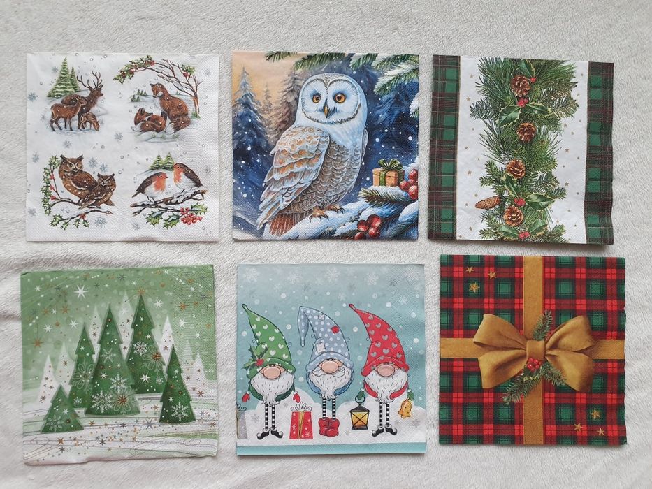 Serwetki papierowe zimowe świąteczne decoupage sowa skrzaty krasnale