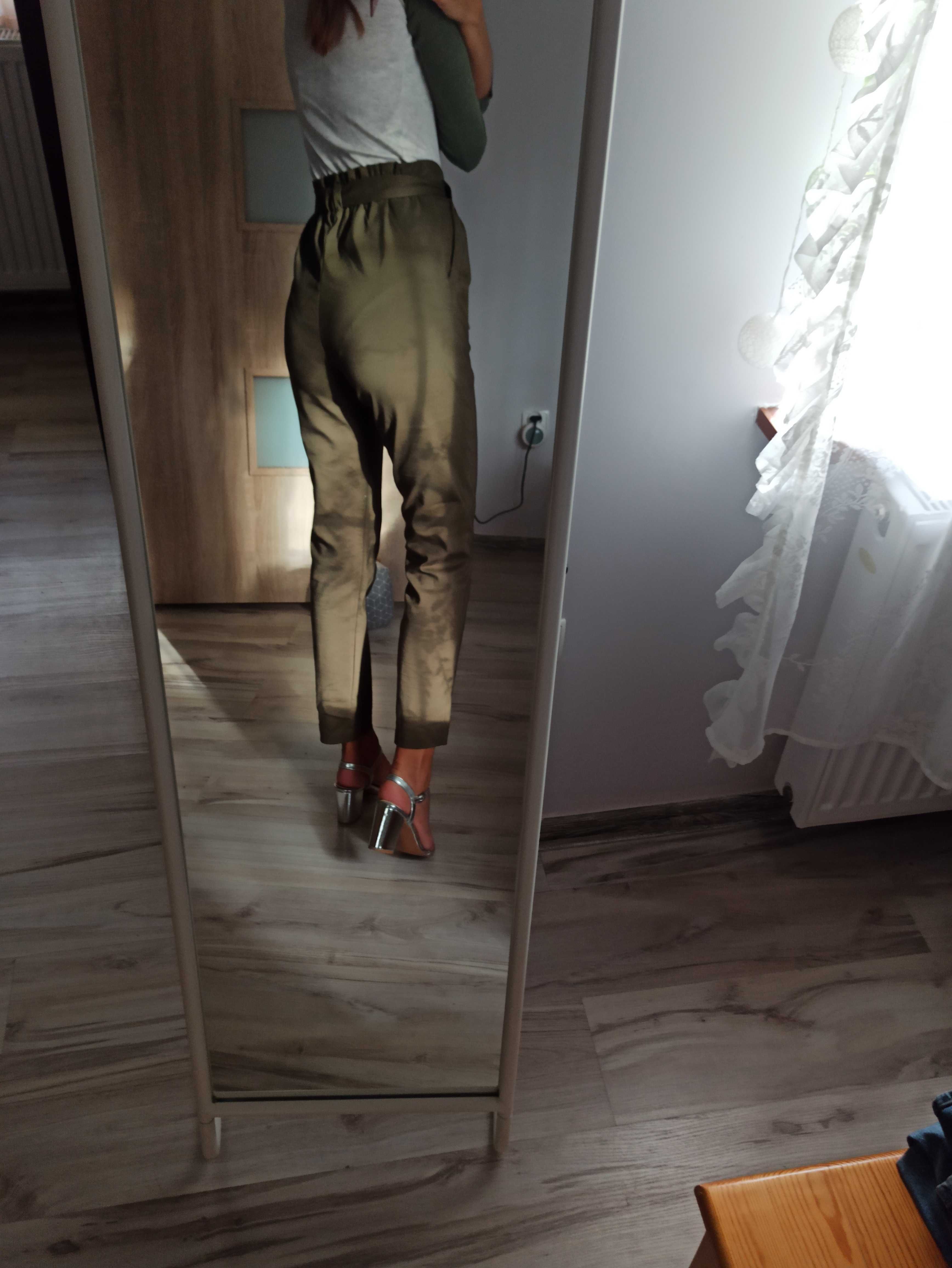Spodnie damskie khaki wiązanie wyższy stan rurki zielone XS s