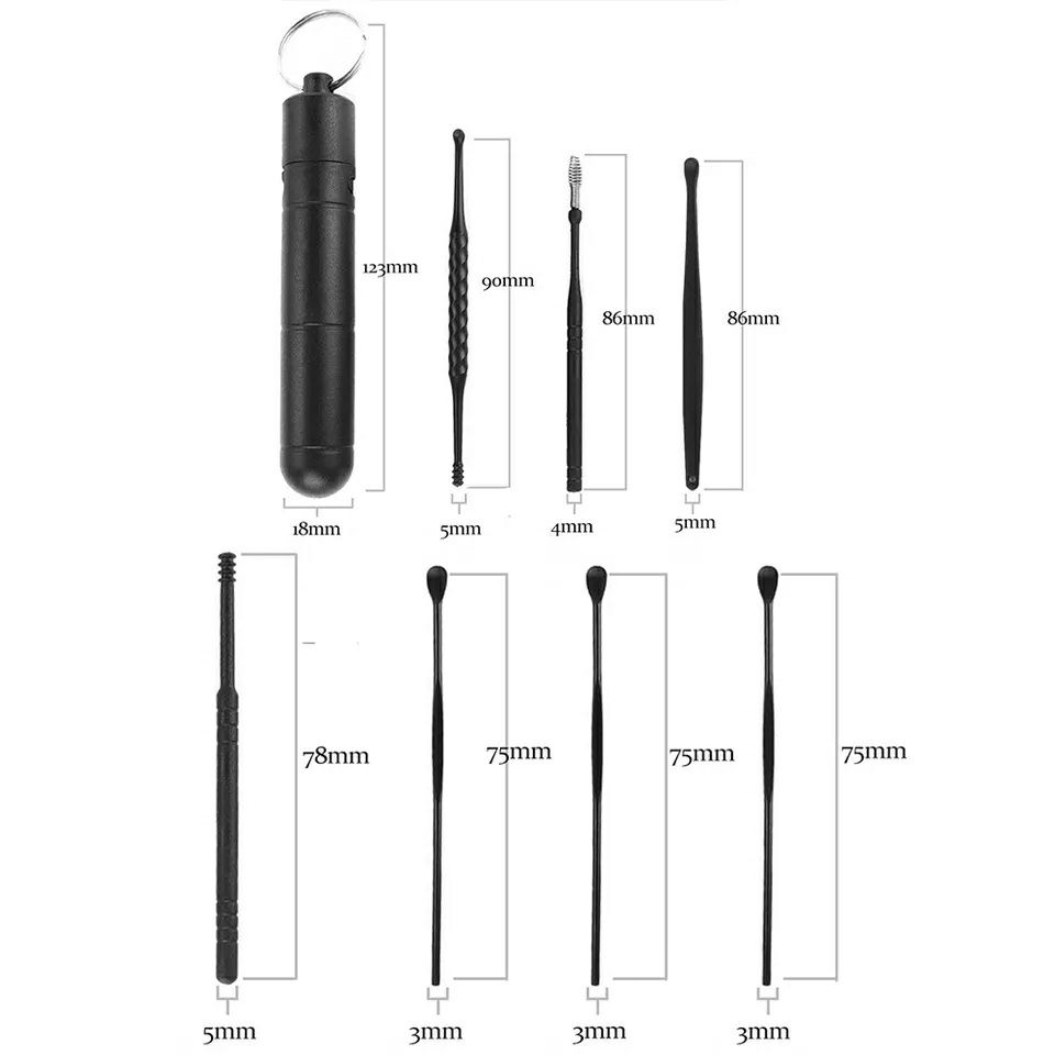 Набор инструментов для чистки ушей и удаления серы 7 штук c боксом