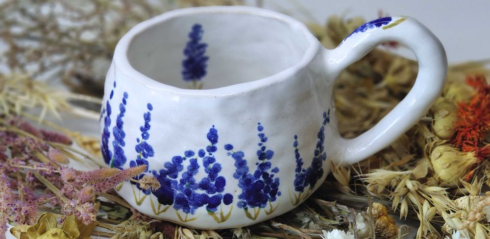 Ręcznie robiony kubek, duża filiżanka w kwiaty handmade