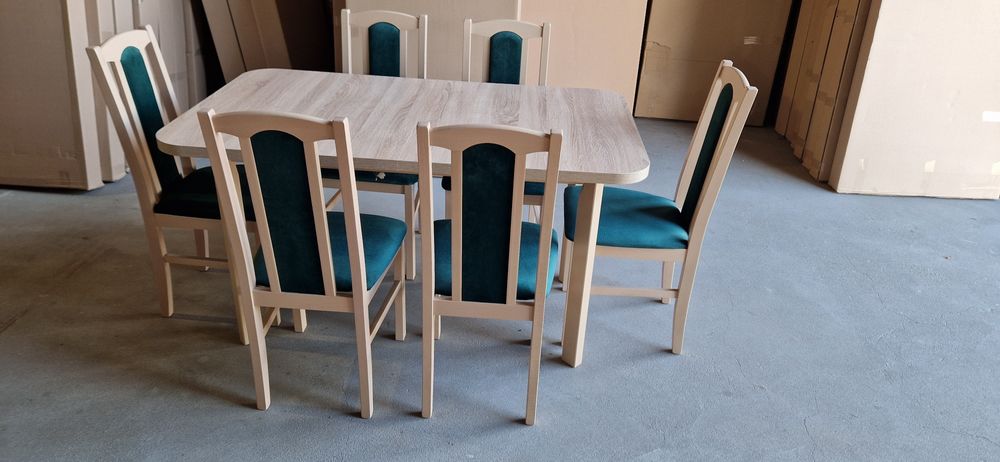 Nowe: Stół 80x140/180 + 6 krzeseł, sonoma + zielony butelkowy, transPL