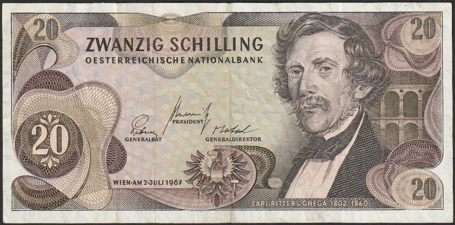 AUSTRIA 20 schilling 1967 - Carl Ritter von Ghega - 949 R