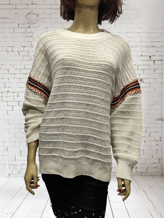 Kremowy sweter sweterek ażurowy wzór luźny oversize bawełniany 44 46