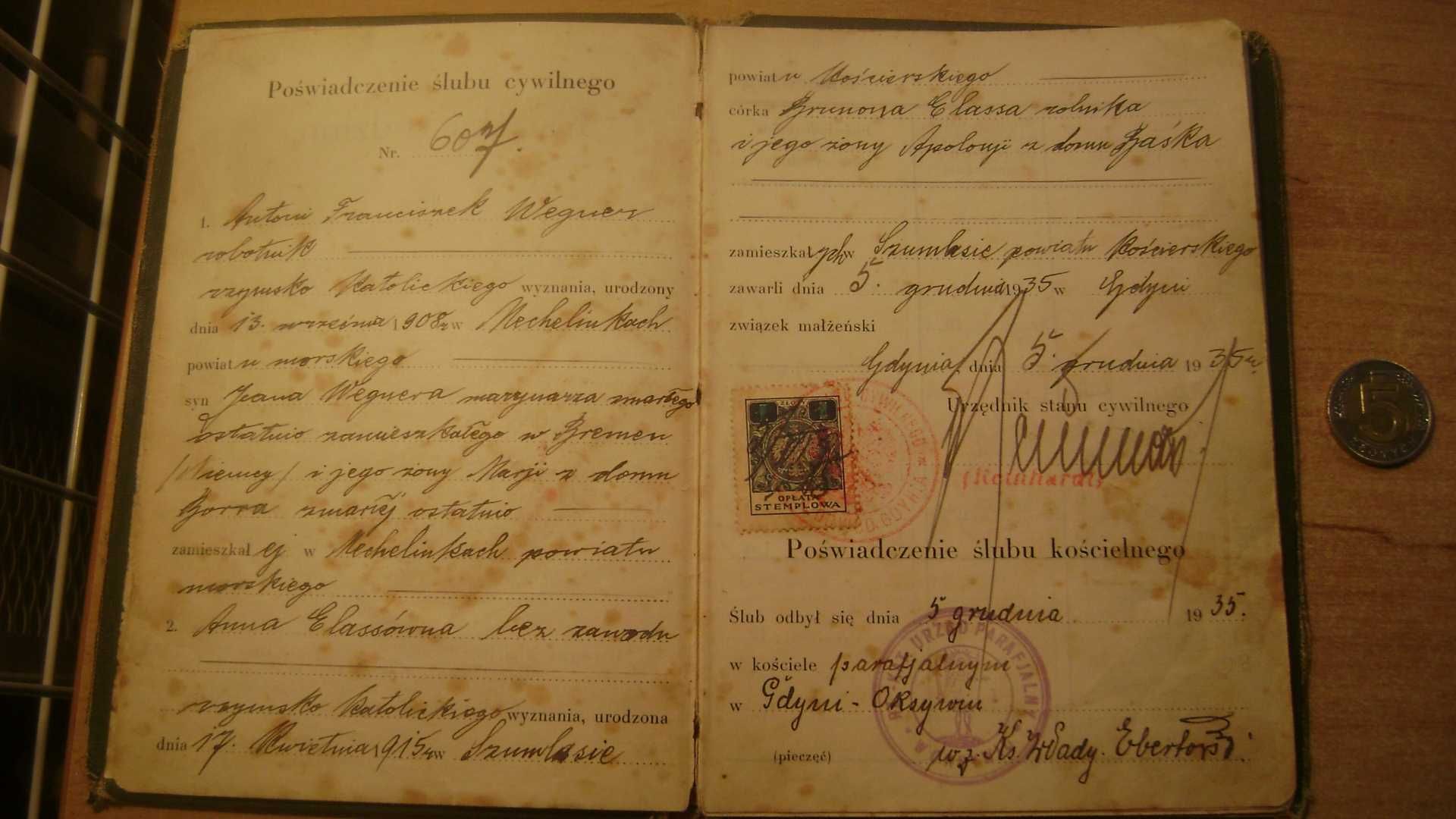 Starocie z PRL - Gdynia = Książka Rodzinna z 1935r. kompletna Oksywie