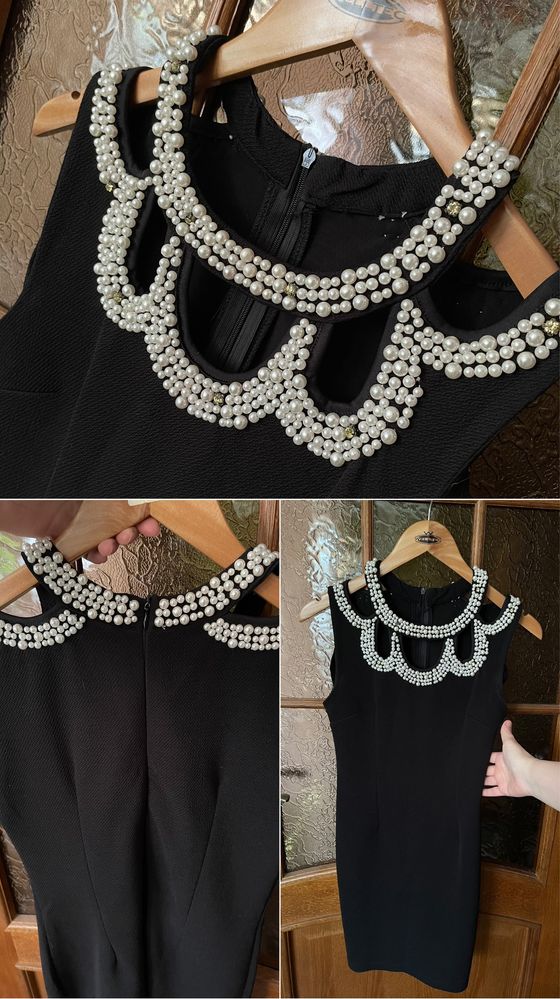Чорна міні-сукня вечірня святкова з перлинами,сарафан довгий,смужка