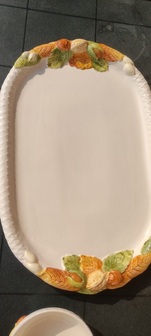 Tabuleiro loiça com 3 tigelas branco com castanho e verde