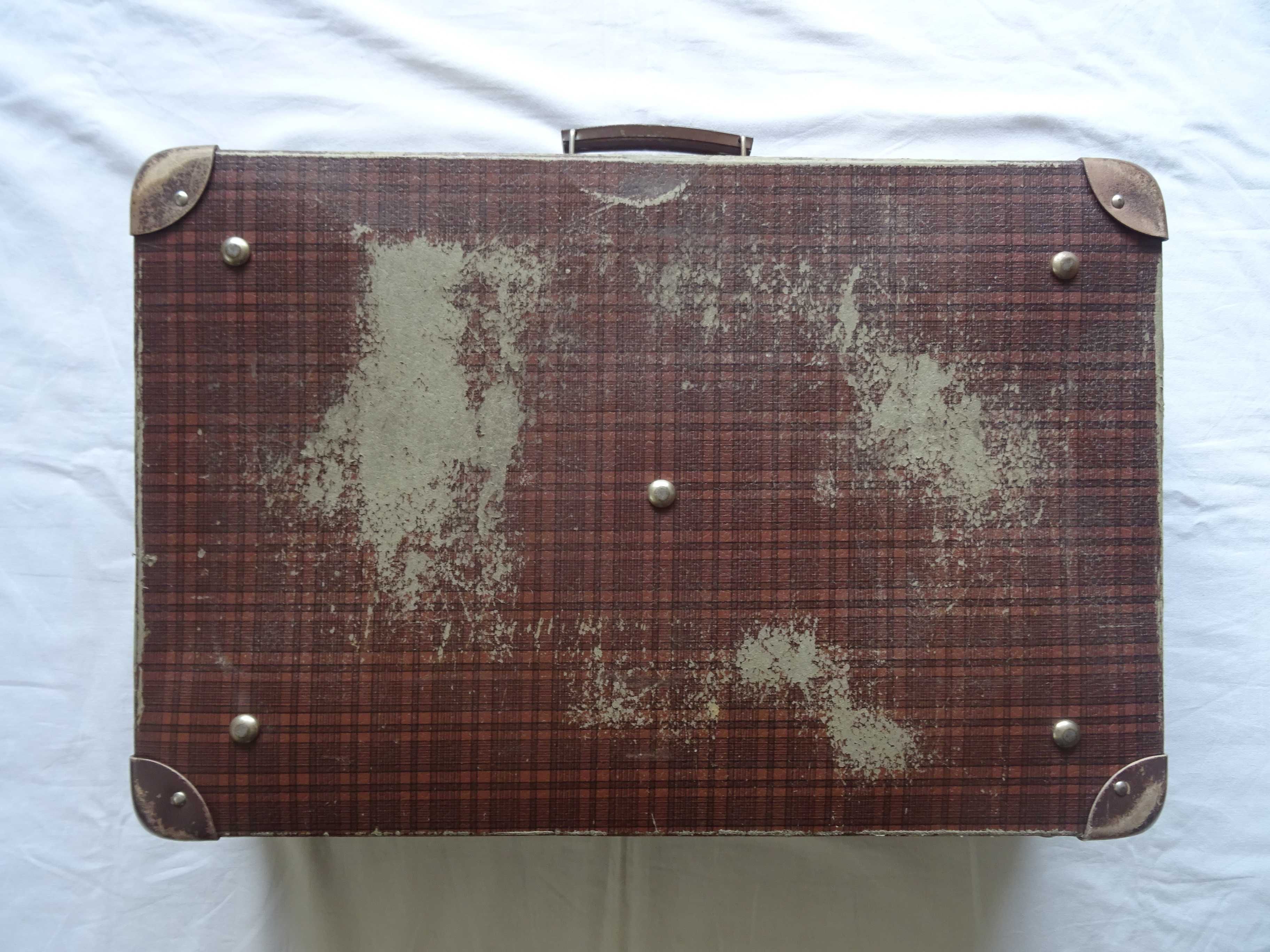 Stara walizka podróżna PRL waliza Vintage krata Design wzór brązowa