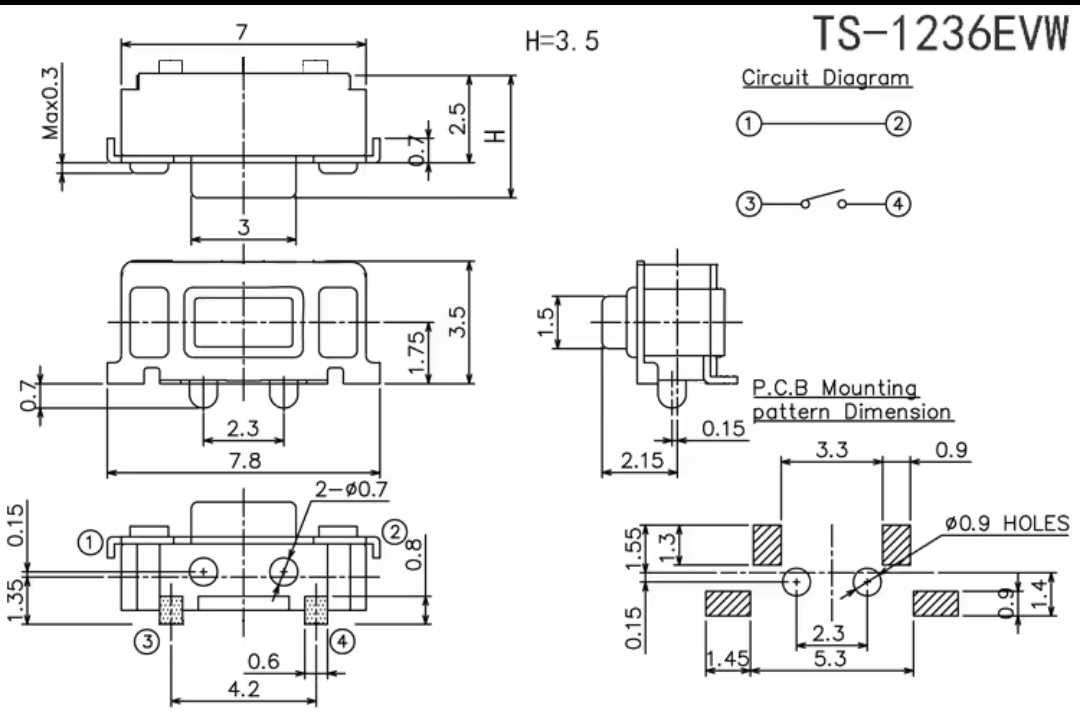 Micro switch wlacznik chwilowy SMT TS-1236EVW 3x6x3,5mm