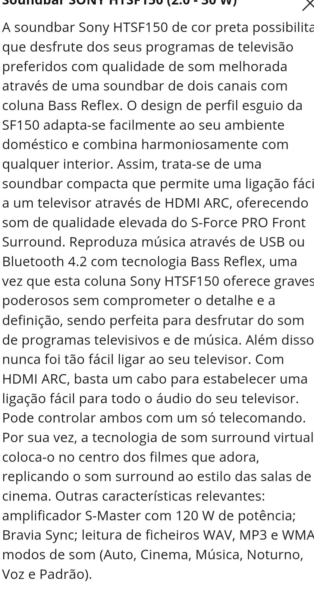 Soundbar Sony com comando e painel touch