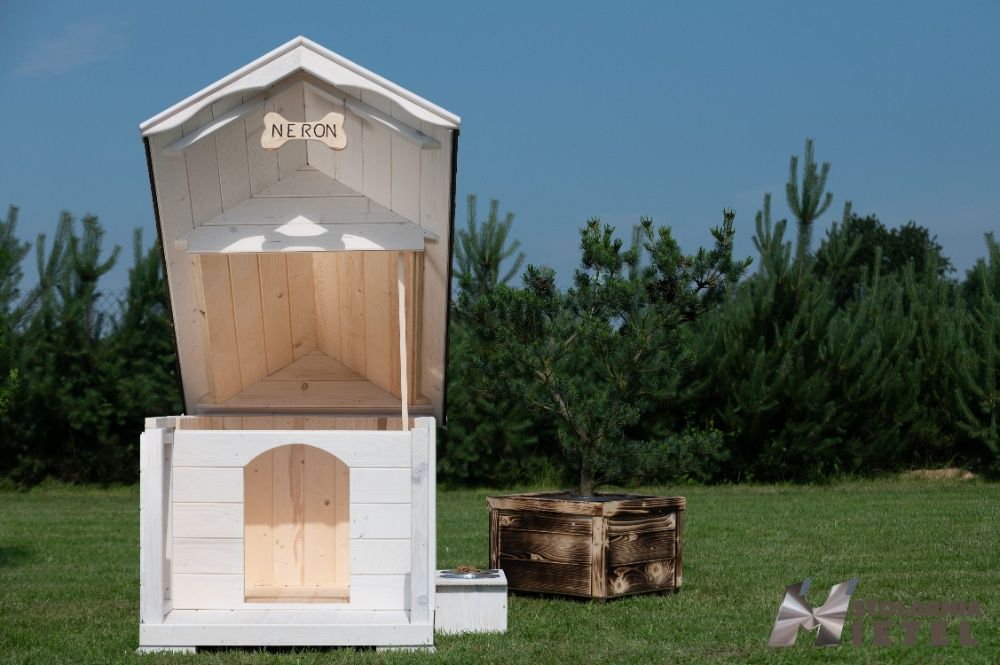 Bardzo duża buda dla psa z tarasem z litego drewna GRATISY