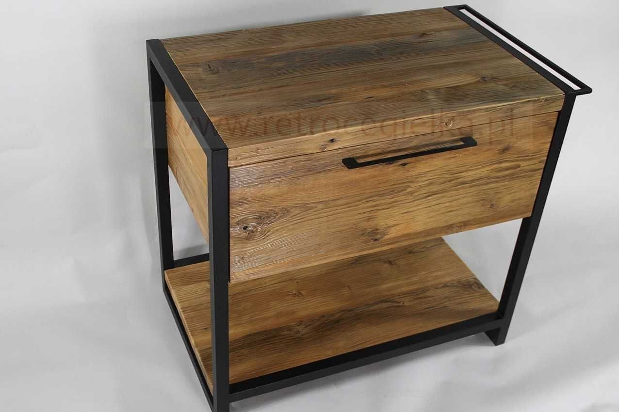 Szafka łazienkowa stojąca, stare drewno, stalowa rama, szuflada