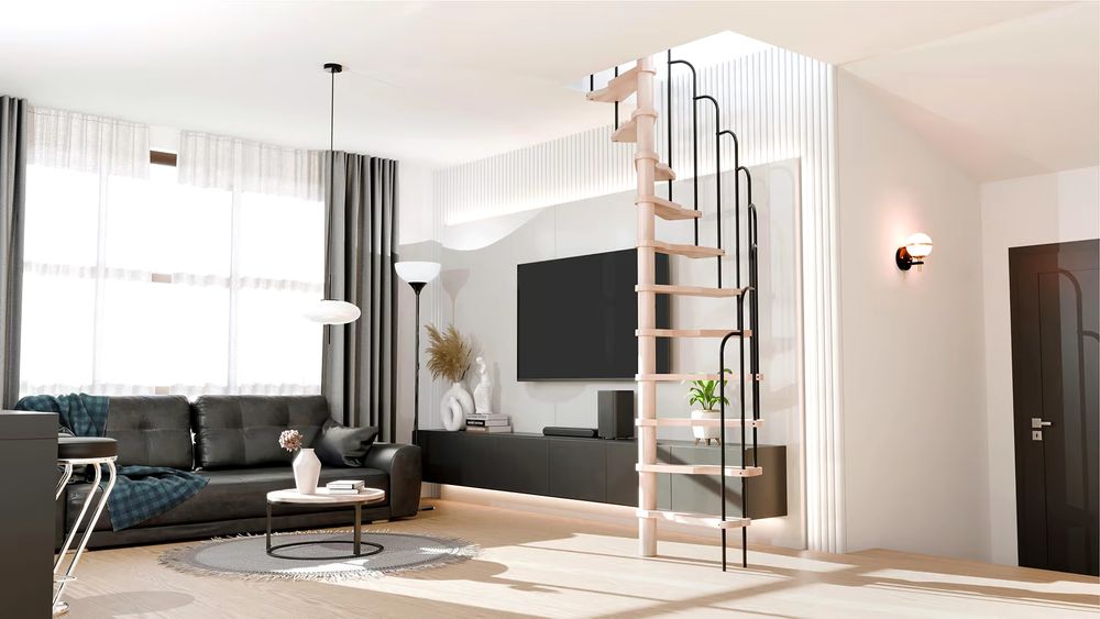 Escada meia espiral em madeira