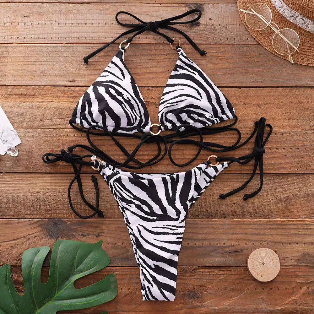 Sexy Dwuczęściowy Strój Kąpielowy BIKINI w Zebrę z Wiązaniami - S