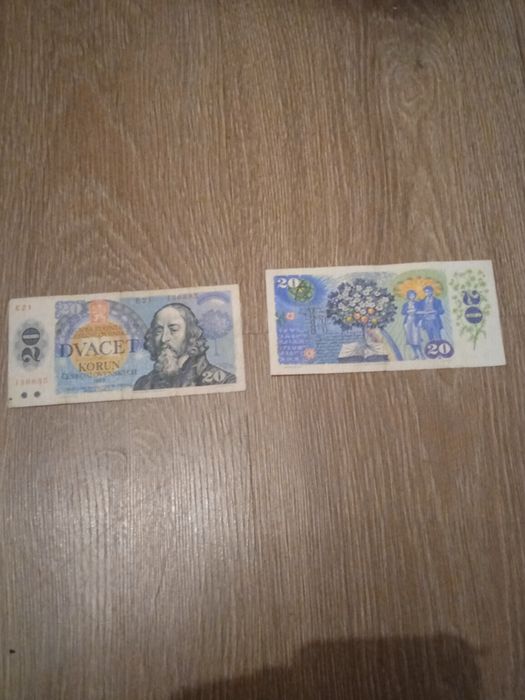 Dvacet Korun ČeskoSlovenskych 1988 banknot oraz polski banknot 100zl