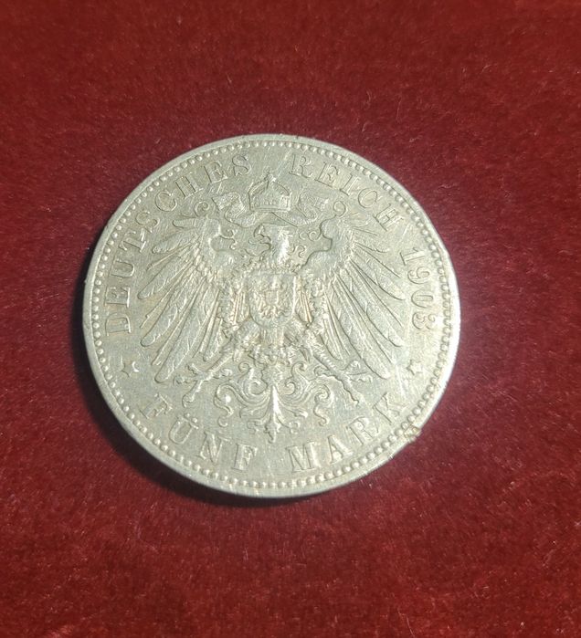 Srebra moneta 5 marek niemieckich Wilhelm II 1903