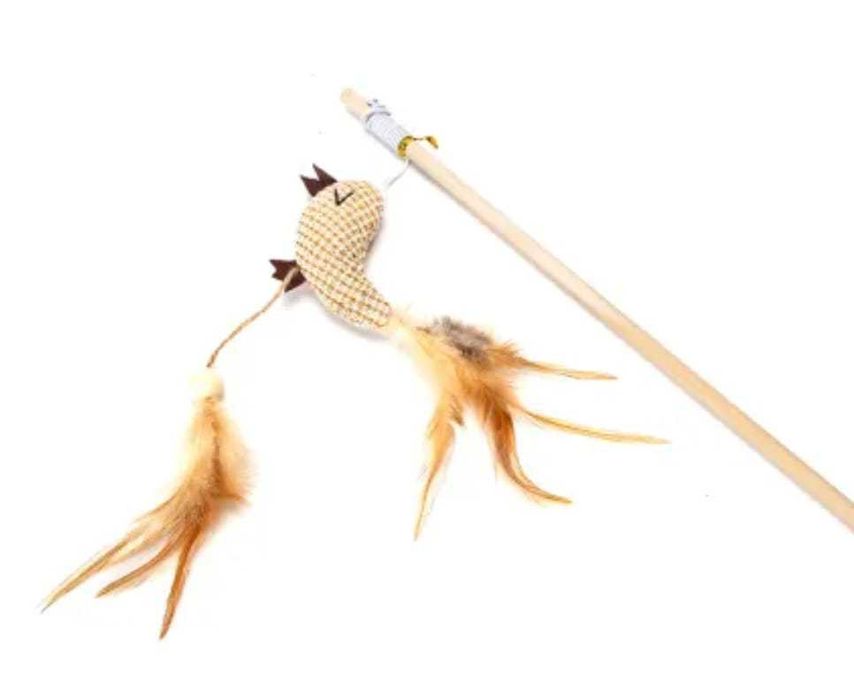 Brinquedo para gato – Vara natural com pássaro de tecido e penas