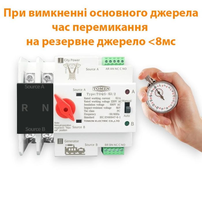 Перемикач Tomzn TOQ5 125/2 автомат вводу резерву для інвертора генерат