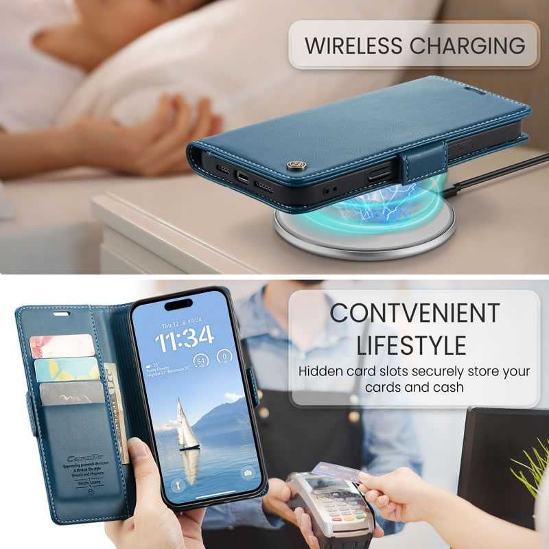 Caseme etui z klapką do iPhone 16 Pro portfel RFID zamsz niebieskie