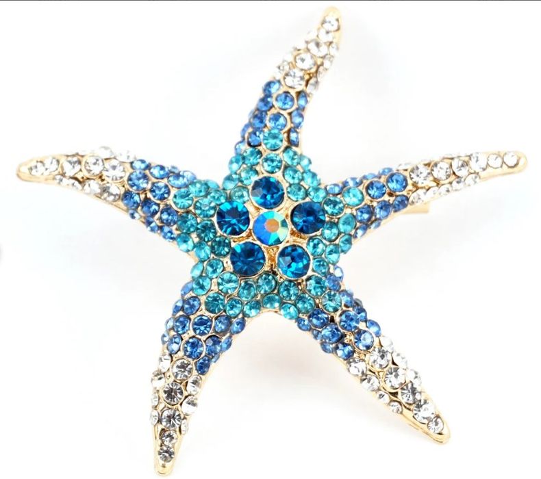 Broszka Złota Rozgwiazda Vintage Z Kryształami Niebieska