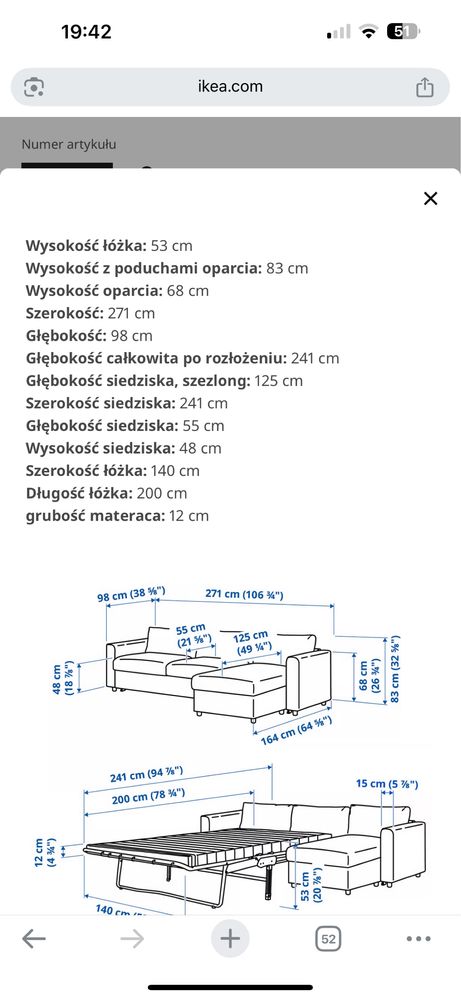 Narożnik/Sofa rozkładana IKEA VIMLE materac