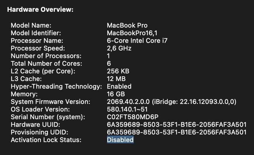 MacBook Pro 16" (2020) i7/16GB/512GB