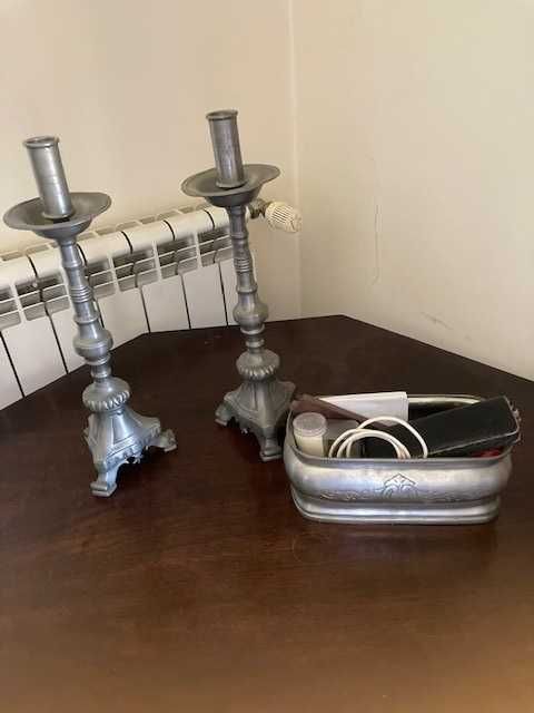 Conjunto Castiçais e taça em Estanho