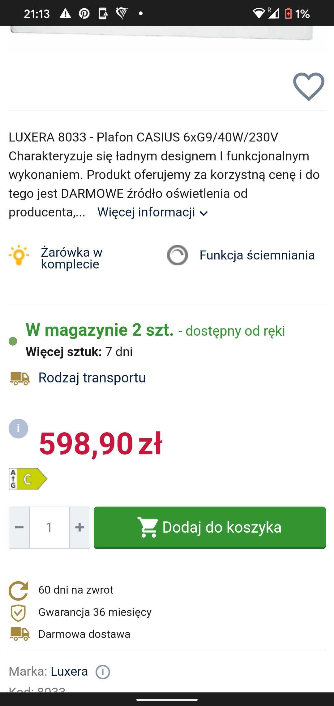 3 lampy: 2  Kinkiety Luxera Glamour G9 CASIUS 8030 oraz Plafon 8033