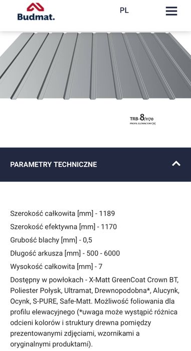 blacha trapezowa  połysk mat kolor TRB 8,TRB 18, TRB 35,T 8, T 18,T35