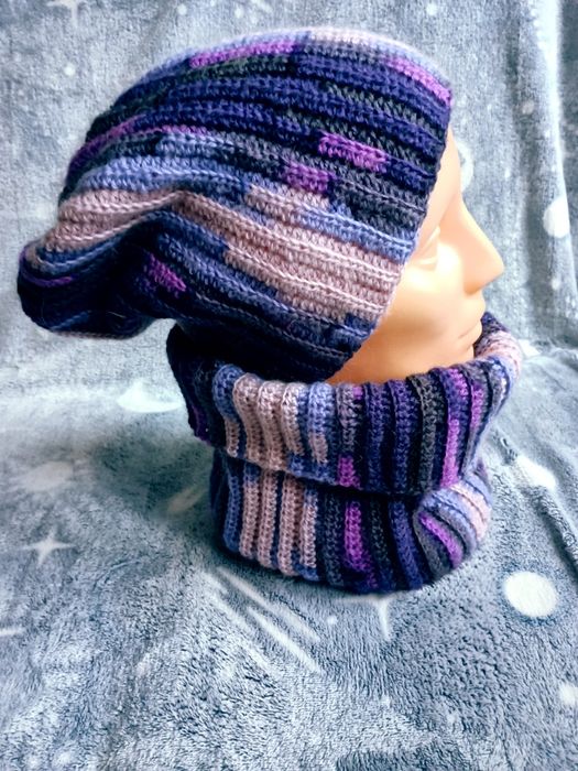 Handmade czapka Smerfetka + komin fiolet mix