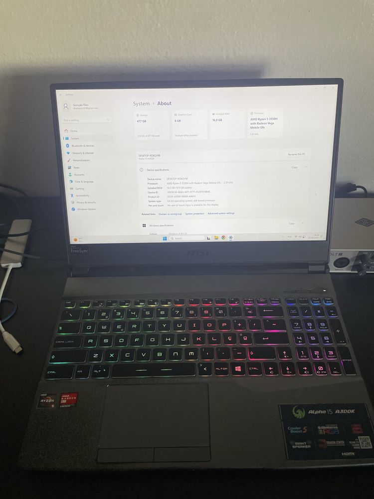 Portátil gamer MSI alpha 15 A3DDK