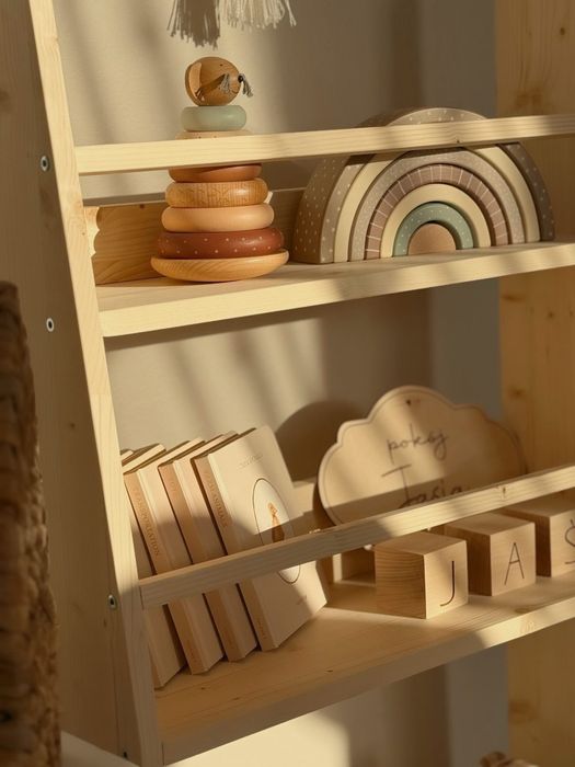 Regał Montessorii z litego drewna -półka na książki|zabawki dla dzieci