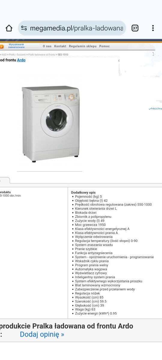 Sprzedam pralkę automatyczną ARDO SED1010