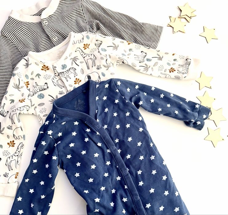 Zestaw 3 pajacyków dla chłopca r.80 piżamki śpiochy