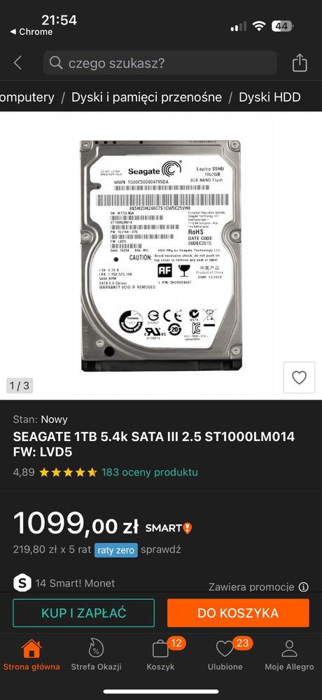 Dysk twardy SSHD 1TB 5.4K Sata III 2.5 LVD5