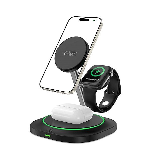 Tech-Protect Qi15W-A46/3In1 Magnetic Magsafe Wireless Charger Black