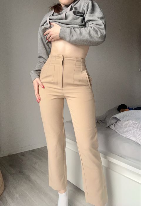 Spodnie viral stradivarius wysoki stan beż stan bardzo dobry