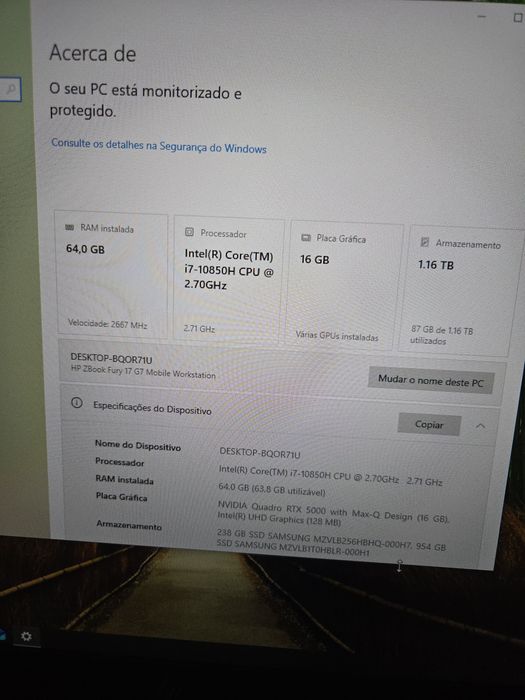 Hp Zbook Fury g7 - I7 10850h, 64gb Ram,SSD 1tb Nvme,Rtx A5000 16gb,17"