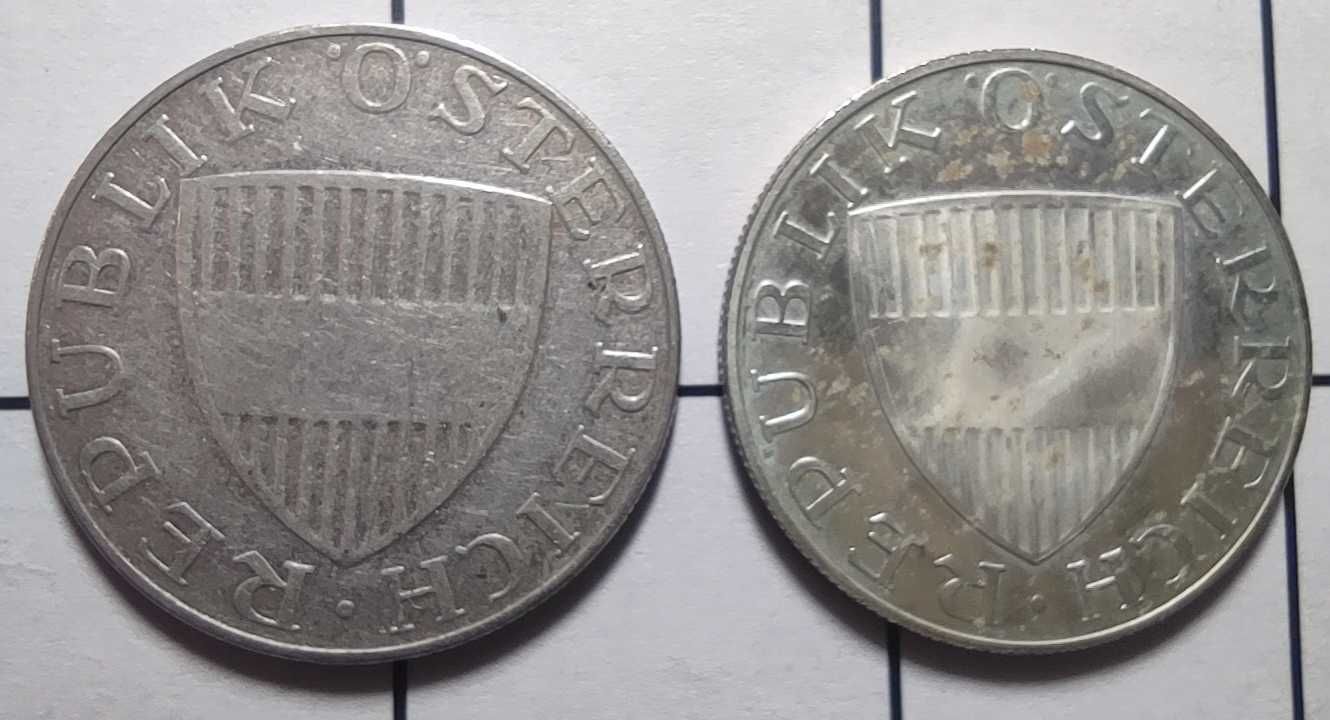 Zestaw 2 srebrnych monet Austria 10 szylingów 1958 i 1972 srebro Ag