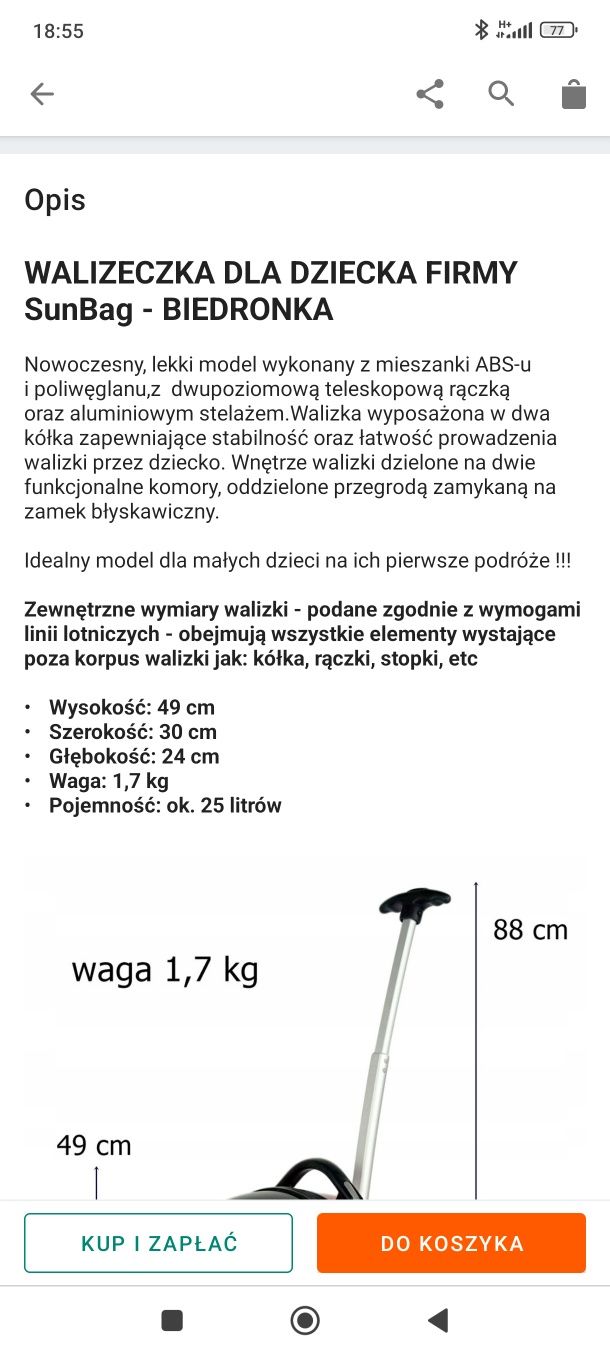 Walizka biedronka 25 litrów. Plecak gratis
