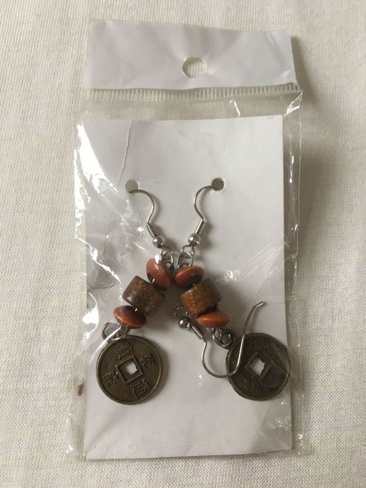 Kolczyki etno boho drewniano-metalowe wiszace