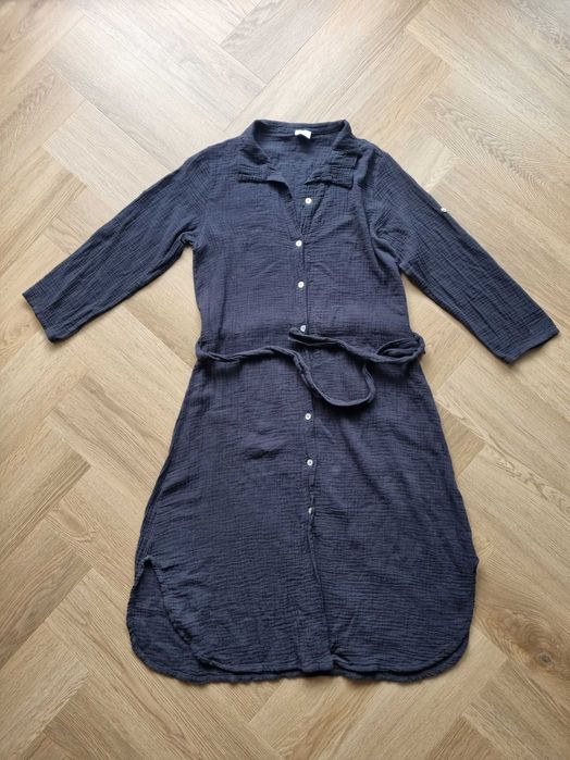 Czarna sukienka midi z muślinu długi rękaw M 38 długa sukienka muślin